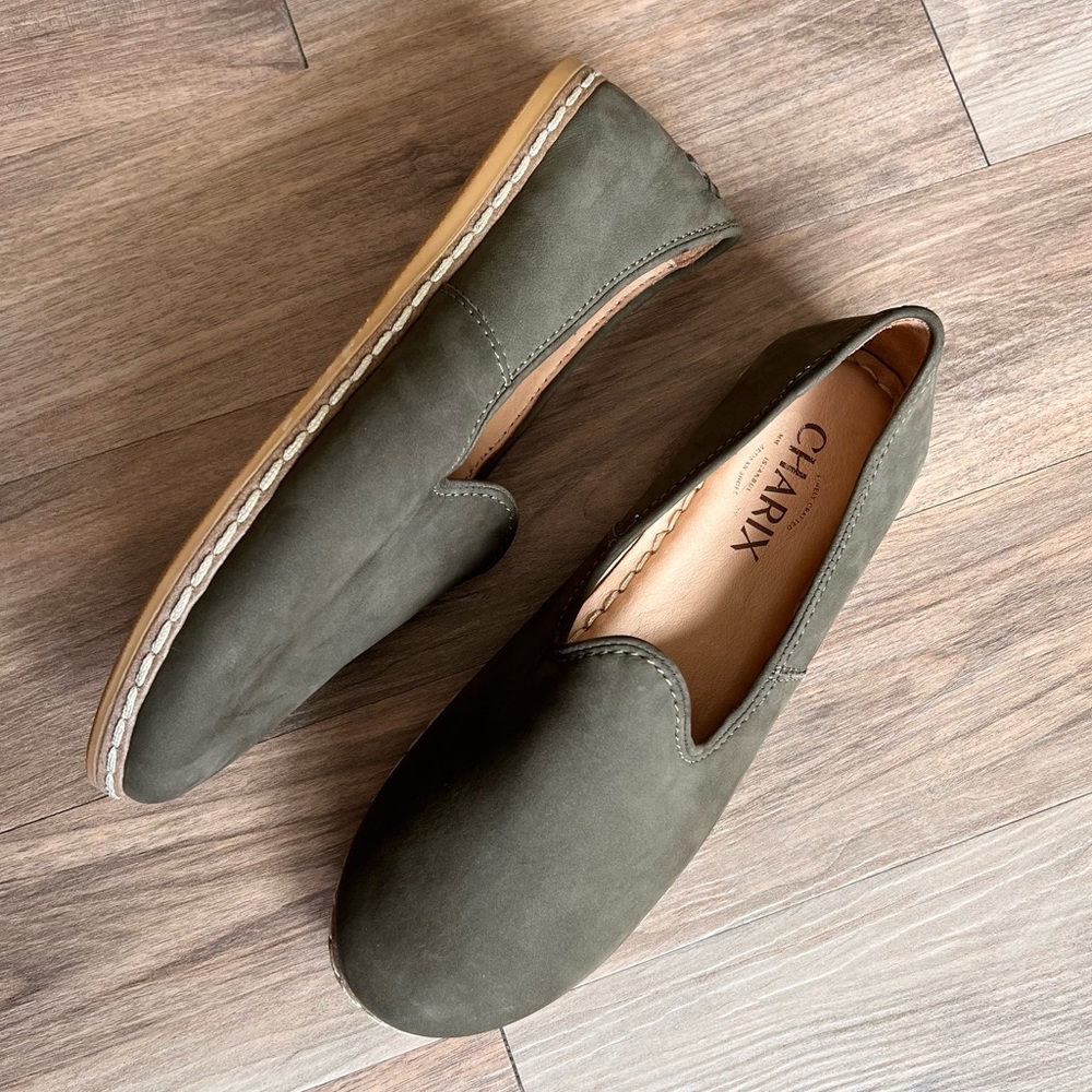 Charix Istanbul Artisan Turkish Slippers Leather Suede Flats Olive Green Size 37